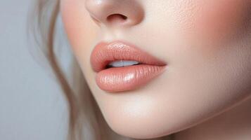 Woman's face with a pink lip color. The lips are full and plump, and the woman's smile is bright and welcoming photo