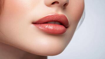 Woman with a red lip is smiling. Concept of confidence and beauty photo