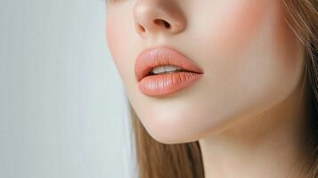 Woman with a full lip and a smile. The lips are pink and the woman has a natural look photo