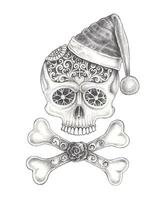 Festive sugar skull and crossbones. A skull adorned with intricate scrollwork designs and decorative details features prominently, with a Santa hat perched playfully on its head. vector