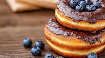 Chocolate glazed donuts with fresh blueberries on a wooden table photo