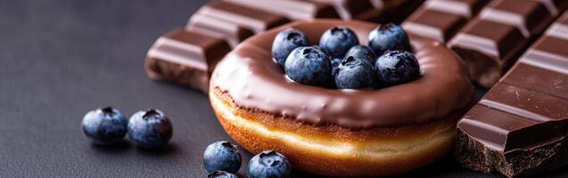 Chocolate donut topped with fresh blueberries and dark chocolate pieces photo
