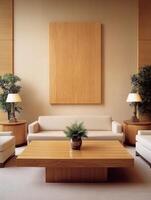 Modern living room with minimalist design and natural elements photo