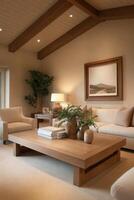 Modern living room with natural decor and warm tones in cozy setting photo