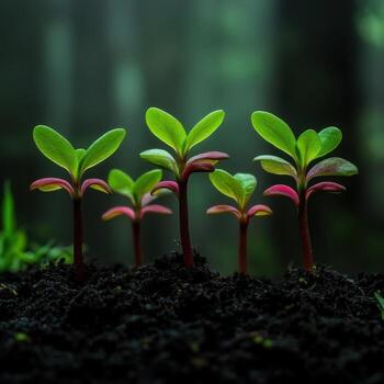 New seedlings emerging from dark soil in a forested area at dawn photo