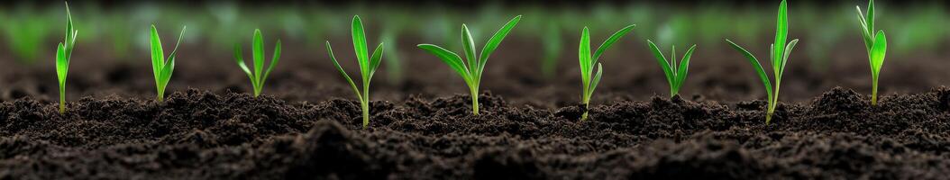 Green seedlings emerging from rich soil in a garden during springtime photo