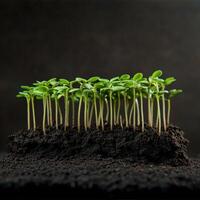 Fresh sprouting plants growing in rich soil under dim lighting conditions photo