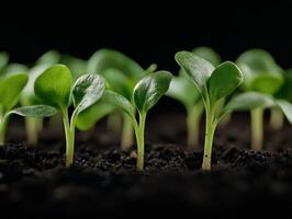 Fresh green seedlings emerging from dark soil in a nurturing garden setting photo