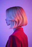 Stylish woman with bob haircut illuminated by vibrant colored lights photo