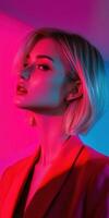 Stylish model posing with vibrant lighting in creative studio setting photo