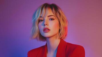Portrait of a young woman with short hair in a colorful light setting photo