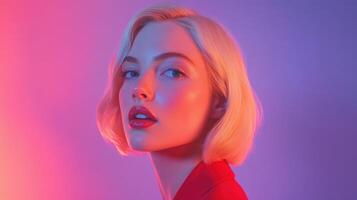 Young woman with blonde bob hairstyle posing against colorful lighting backdrop photo