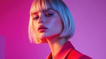 Stylish portrait of a model with modern hairstyle in vibrant lighting photo