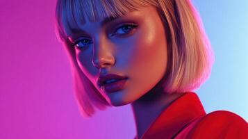 Model with blonde bob hairstyle poses against colorful backdrop in studio photo
