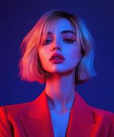 Model poses with striking expression against vibrant blue and purple background photo