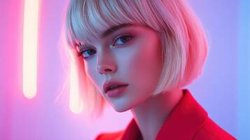 Portrait of a model with stylish haircut in vibrant lighting during a photoshoot photo