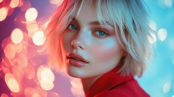 Model poses with colorful bokeh background lighting during a daytime shoot photo
