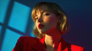 Captivating portrait of a woman in red against a colorful backdrop photo