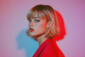 Captivating portrait of a young woman with striking lighting and expression photo