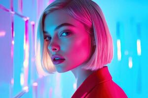 Model poses with bold colors in vibrant light display showcasing modern fashion photo