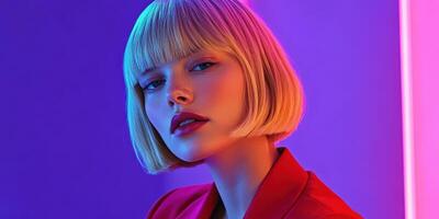 Woman with a short bob hairstyle in vibrant colored lighting at an event photo