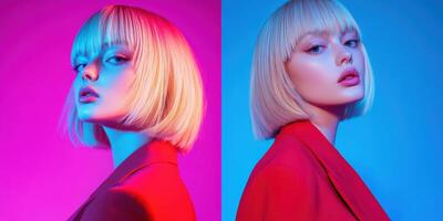 Modern portrait of a model in vibrant lighting with stylish haircut photo