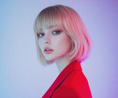 Young model poses confidently in modern fashion with striking lighting effects photo