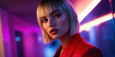 Model in vibrant neon lights showcases modern fashion in urban setting photo