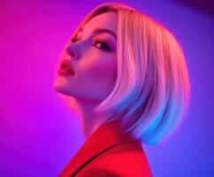 Captivating model with stylish bob hairstyle under vibrant lights photo