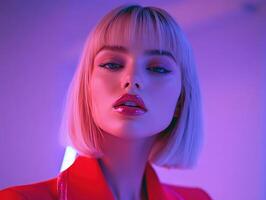 Beautiful model poses confidently with vibrant lighting and striking makeup photo