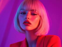 Model with bold makeup and vibrant colors poses confidently in studio lighting photo