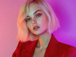 Young model poses elegantly with vibrant lighting in a fashion shoot photo
