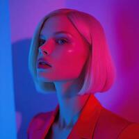 Model poses with dramatic lighting in vibrant colors during indoor shoot photo