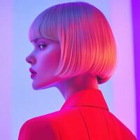 Vibrant fashion portrait of a model with short hair in bold colors photo