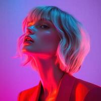 retrato de un modelo con vibrante Encendiendo y elegante corto pelo foto
