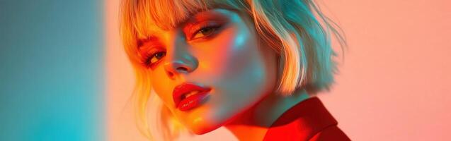 Stylish model showcases vibrant makeup and modern fashion in studio setting photo