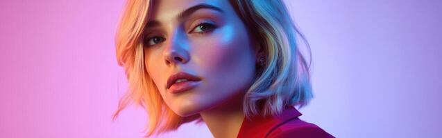 Model poses with colorful lighting in studio at night for striking portrait photo