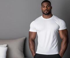Fitness model showcasing confidence in minimalist indoor setting photo