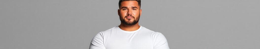 Confident man poses in a plain white shirt against a neutral background photo