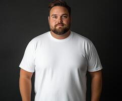Man poses confidently in plain white shirt against dark background photo