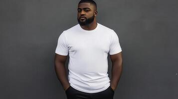 Confident man posing against a neutral wall in casual attire photo