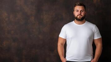 Man in a white t-shirt poses confidently against a dark textured background photo