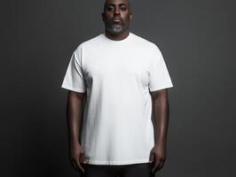 Man in a plain white t-shirt poses confidently against a dark background photo