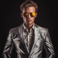 Stylish man in silver suit poses confidently with sunglasses indoors photo