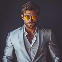 Stylish man in silver suit and sunglasses poses confidently indoors photo