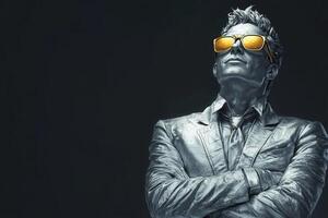 Stylish silver statue man wearing sunglasses striking a confident pose photo