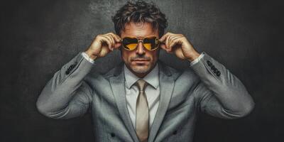Stylish man adjusts sunglasses in elegant attire against dark background photo