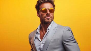 Stylish man posing in sunglasses against a vibrant yellow backdrop photo