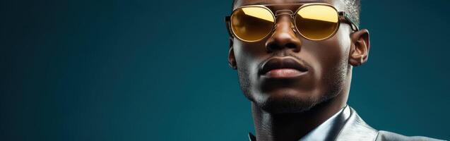 Stylish man poses with confidence against a vibrant blue background photo