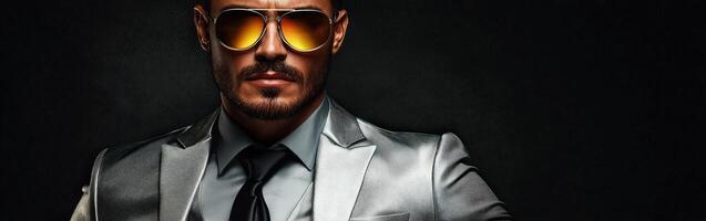 Mysterious man in sunglasses wears stylish suit against dark background photo